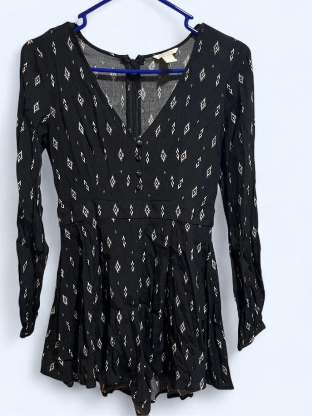 Black Printed Long-Sleeve V-Neck Women's Romper